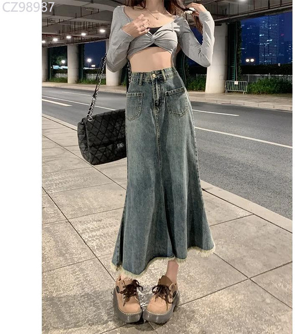大碼胖mm復古寬鬆設計感中長款牛仔半身裙春夏季新款毛邊魚尾裙女
