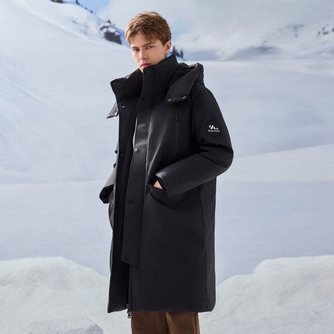 90%白鴨絨連帽羽絨外套 - 男款中長版寬鬆保暖休閒棉衣