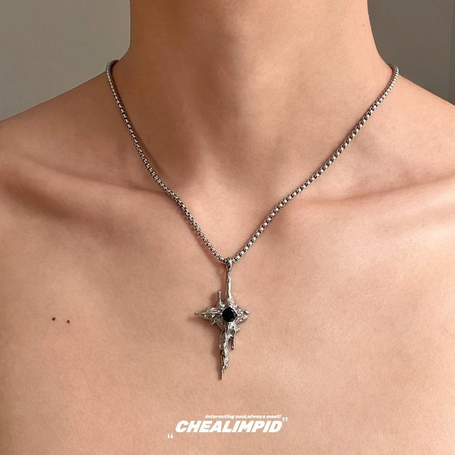 엘스튜디오 크로스 목걸이 블랙 스톤 유니크 디자인 스트릿 힙합 남녀공용 5832