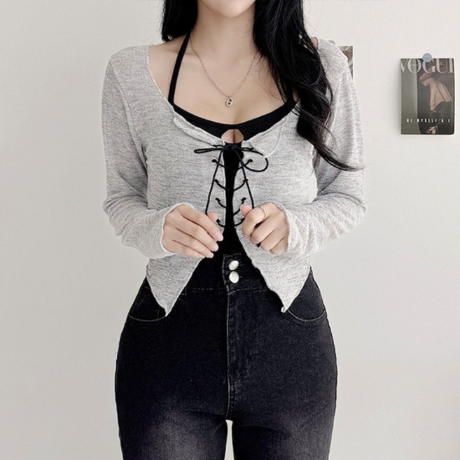 로로 아일렛 스트랩 포인트 홀터넥 세트 긴팔티