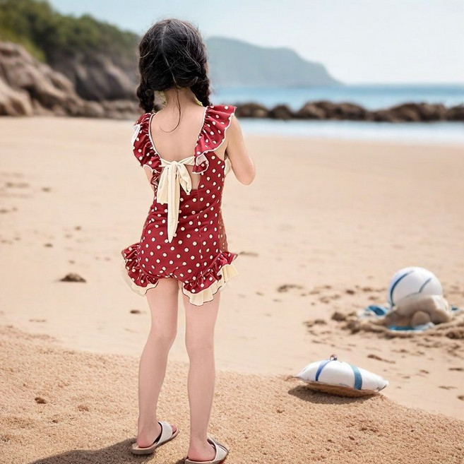 더그랜 아동 여아 러블리 리본 도트 프릴 수영복
