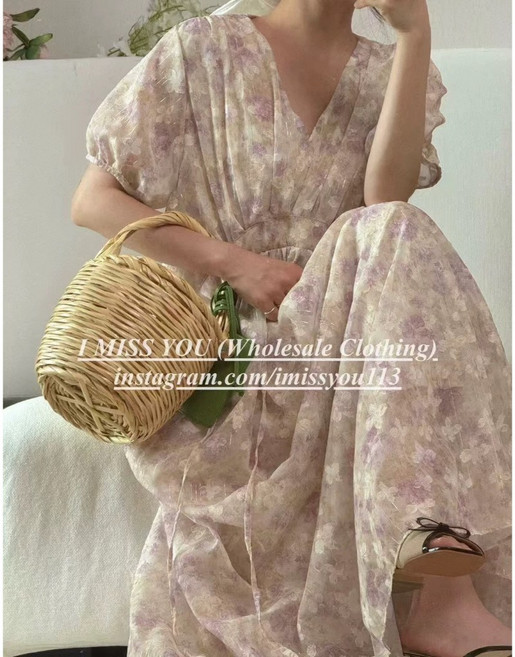 I MISS YOU 水墨暈染花卉V領洋裝 後綁帶設計 優雅長裙, 黃