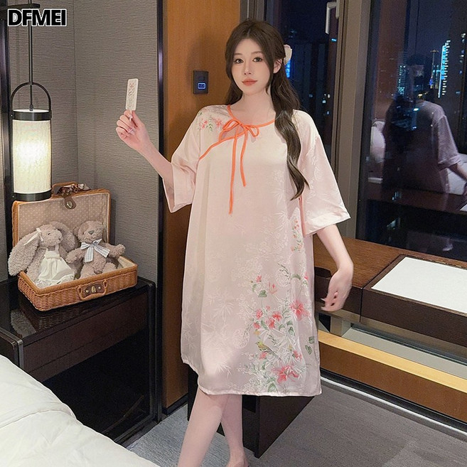 DFMEI 新中式睡裙冰絲女夏季印花爆款高級感國風家居服絲綢直播