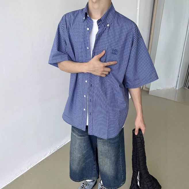 【復古刺繡】格子襯衫 短袖襯衫 休閒襯衫 男襯衫 女襯衫 外套襯衫 美式寬鬆版型 藍色格紋 百搭刺繡 夏季男女同款