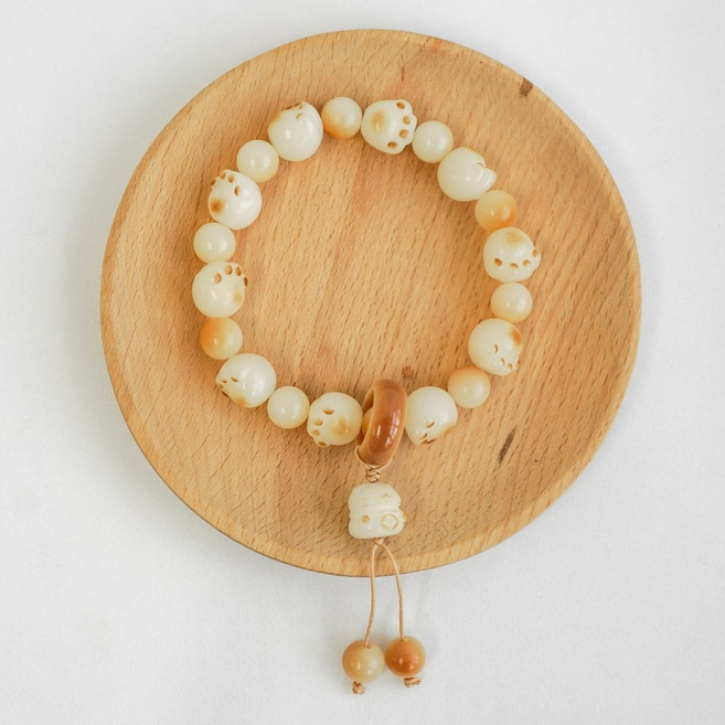 귀여운 고양이 염주 불교 팔찌 동물 발바닥 보리수 구슬, 아이보리