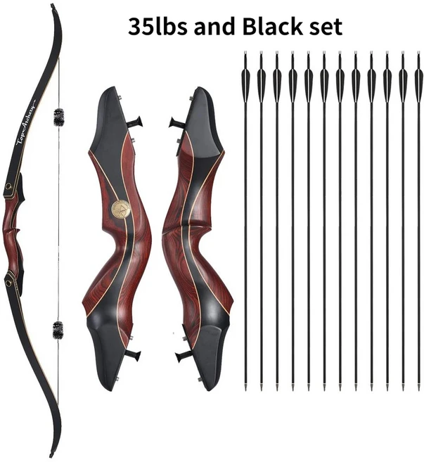 납품전문 60 인치 양궁 리 커브 활 세트 25-50lbs 성인과 초보자를위한 빨간색 나무 손 테이크 다운 야외, 01 CHINA, 32 35lbs and Black set, 1개