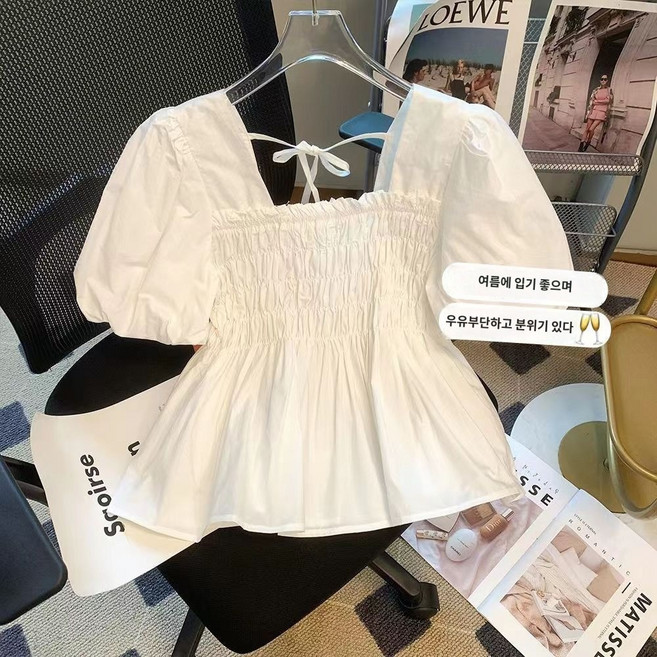 퍼프소매 스퀘어넥 반팔 블라우스 프렌치