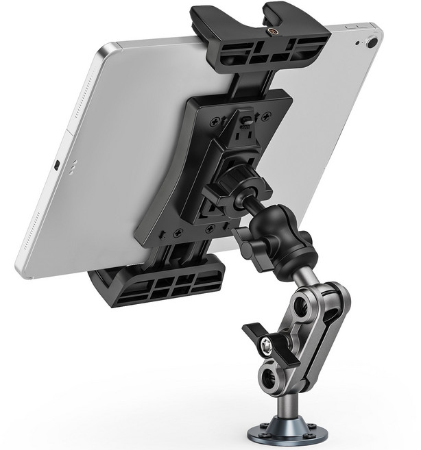 금속 스마트폰 태블릿 거치대 4.7~12.9인치 만능 호환 360도 회전 자유 각도조절 트럭 자동차 대시보드 벽걸이 데스크 견고한 드릴 설치형, 1개, 블랙+실버, ST-114