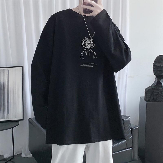 Makone 남성 심플 베이직 프린트 라운드넥 무지 긴팔 티셔츠