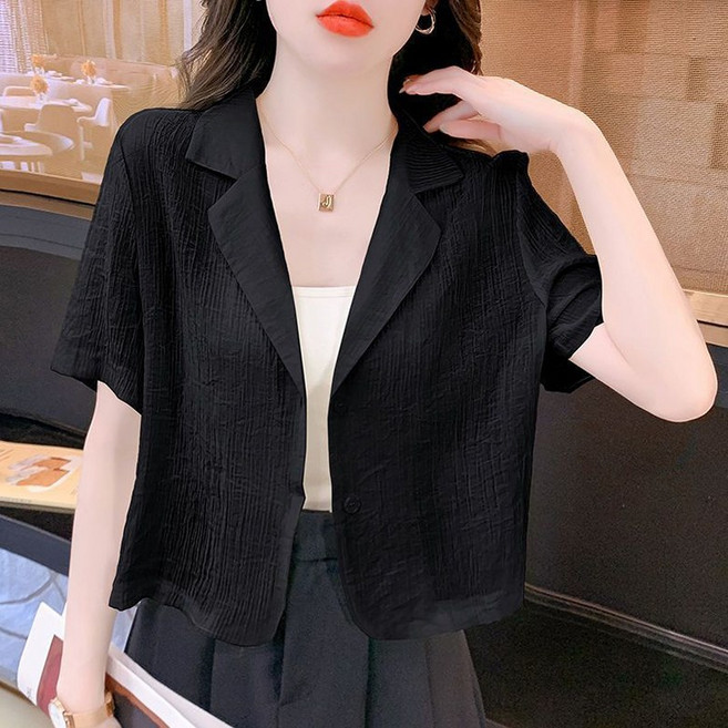 ORZQU 여름 루즈핏 얇은 정장 재킷 여성 작은 키 캐주얼 반팔 상의