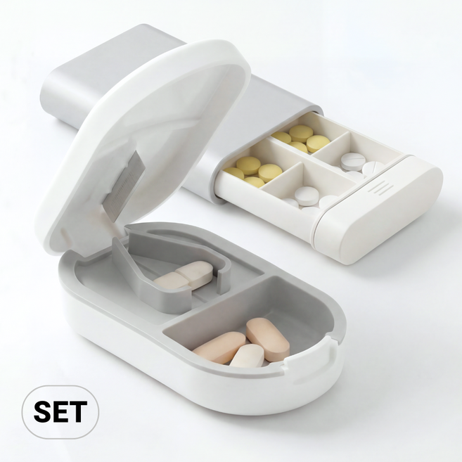 리즈니 휴대용 슬라이드 약통케이스 세트 2등분 절단 알약커팅기, 1