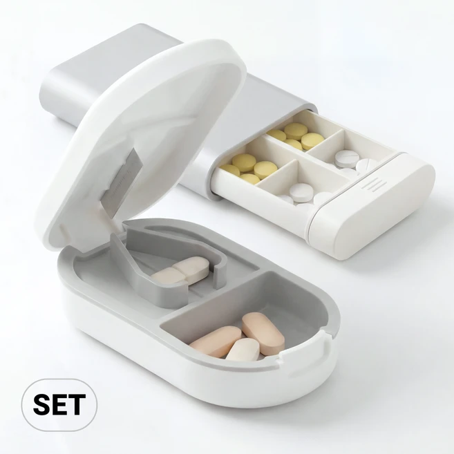 리즈니 휴대용 슬라이드 약통케이스 세트 2등분 절단 알약커팅기, 1 - 쿠팡