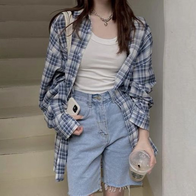 wassup 여름 셔츠 루즈핏 긴팔 여성 체크셔츠