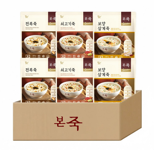 본죽 BEST 파우치죽 330g 3종 6개 세트(전복죽2+소고기죽2+닭죽2), 1세트
