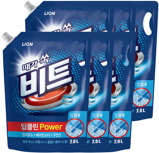 비트 딥클린파워 액체세제 겸용 2L 리필, 비트 딥클린파워 액체세탁세제 드럼용 리필 2L 6개, 6개