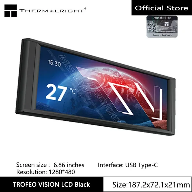 Thermalright TROFEO VISION LCD IPS 풀 컬러 화면 6.86인치/자기/1280*480 해상도/USB Type-C 포트 디스, 01 TROFEO VISION LCD BK