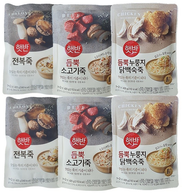 비비고 파우치 죽 420g (누룽지닭백숙죽2+전복죽2+소고기죽2), 1세트