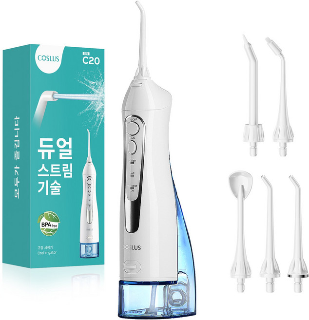 코슬루스 휴대용 무선 구강세정기 IPX7급방수+5개노즐팁, 흰색