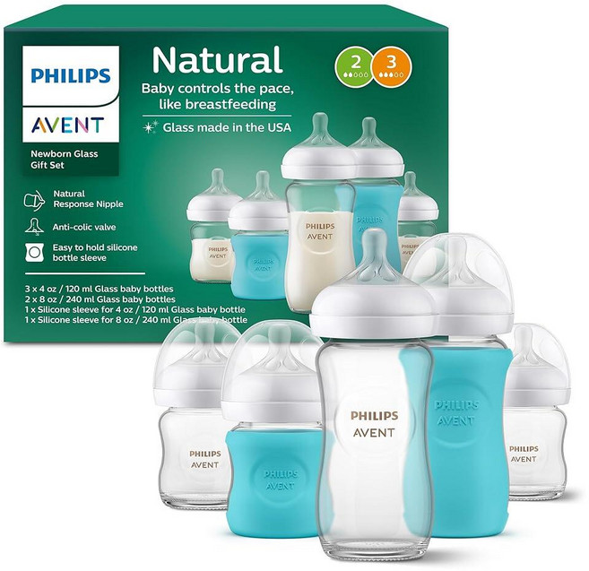 140980 Philips AVENT 자연스러운 반응 젖꼭지가 있는 유리 천연 아기 젖병 226.8g(8온스) 1팩 SCY913/01, 4 and 8 Ounce
