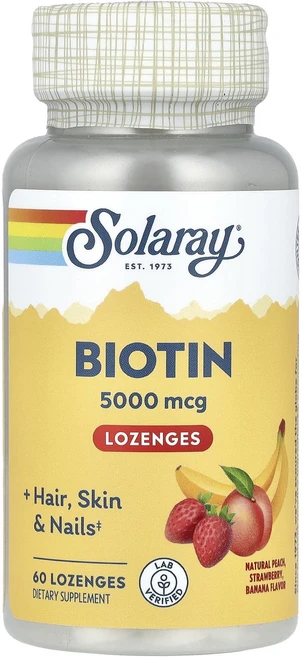 Solaray 바이오틴 천연 복숭아 딸기 바나나 향 5000mcg 사탕 정제 60정, Solaray바이오틴천연복숭아딸기바나나향5000mcg사, 1개 - 쿠팡