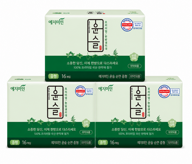 예지미인 윤슬 순한 중형 생리대 날개형 16p x 3팩 + 숲속이야기 중형 2p, 3개, 16개입