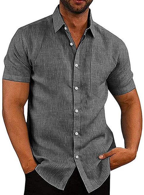 COOFANDY men's casual button down shirt short sleeve linen shirt summer beach dress shirt short sleeve - 블랙 L