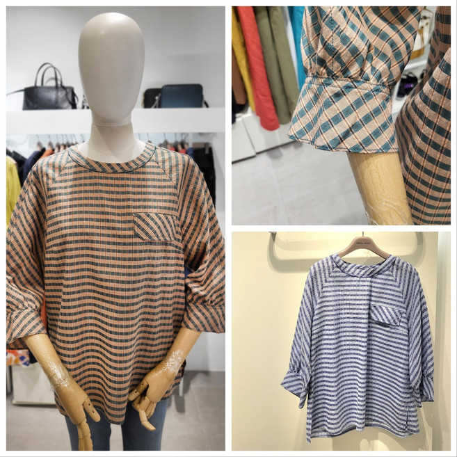 올리비아로렌 내추럴한 라운드넥 나그랑 7부 소매 체크 블라우스 nc청주점 vocnl4m5336