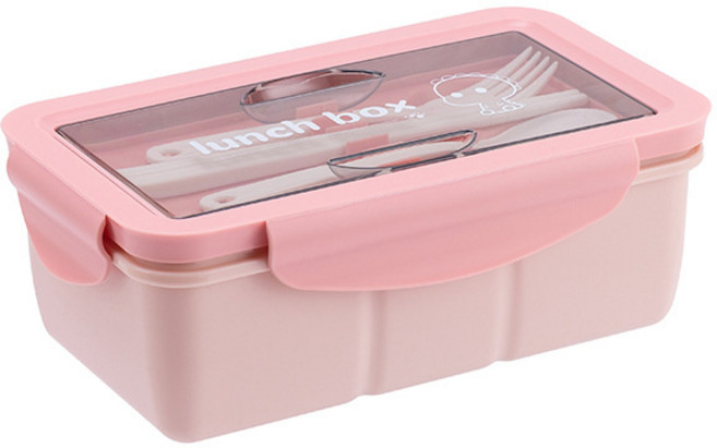 塑料分格學生飯盒上班族可微波加熱便當盒密封便攜外帶減脂午餐盒, 1個, 900ml【配叉/勺/筷】粉色:如圖