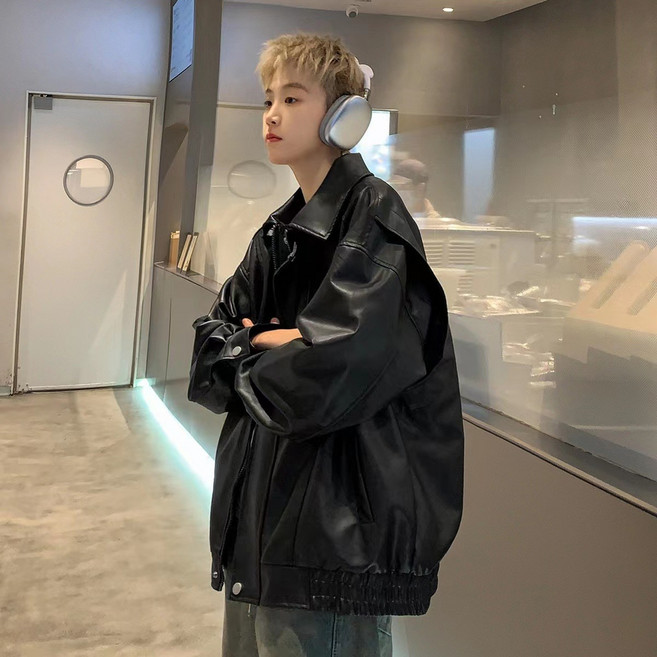 해피유통 남녀 공용 가을 겨울 오버핏 블랙 PU 가죽 자켓 캐주얼 심플 디자인 빅 칼라 플레인