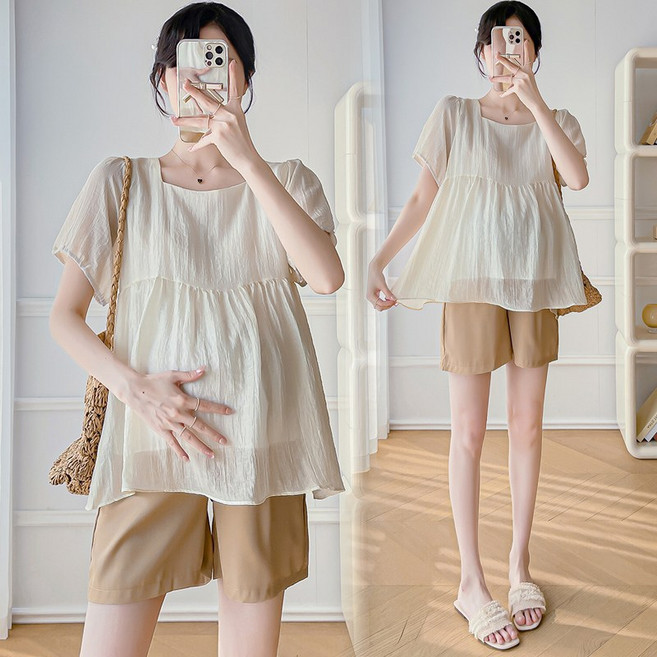 에쥬아 임산부 블라우스 투피스 여름 스퀘어 반팔셔츠 루즈핏 반바지