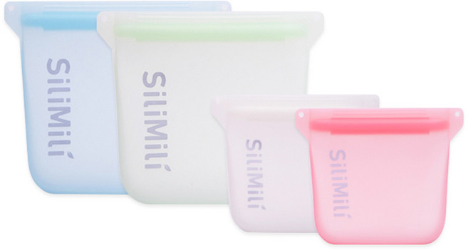 실리밀리 오리지널 스탠딩 실리콘지퍼백 4종 세트 500ml*2개 + 1000ml*2개 (전자레인지 냉동 열탕), 4가지 색상 1개씩 (4개), 1세트