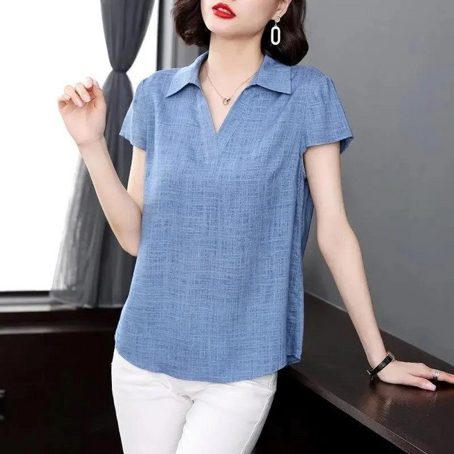 VVRR 여성 반팔 티셔츠 심플하고 트렌디한 카라 V넥 디자인의 코튼 린넨 셔츠 Z0030822