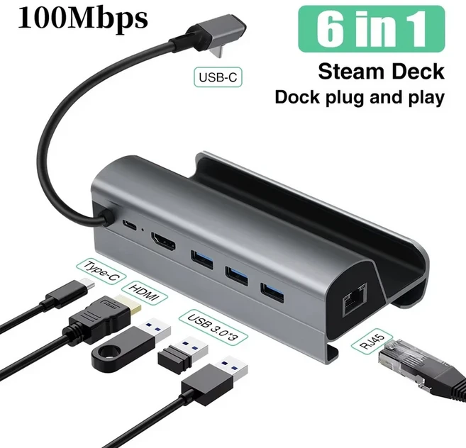 스팀덱용 도킹 스테이션 4K HD 6 in 1 허브 USB C타입 to HDMI 호환 60Hz RJ45 30 스팀덱 충전, 01 100Mbps HUB
