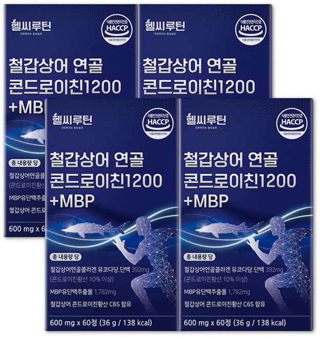 철갑상어 콘드로이친 1200 6형 식약청 인증 HACCP c6s 연골 뮤코다당 단백 엠비피 배합 헬씨루틴, 4박스, 60정