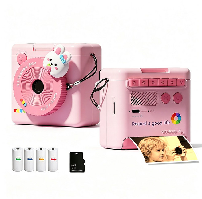 프린트 카메라 즉석카메라128GB SD카드+카드리더기+인화지4롤 포함, 핑크