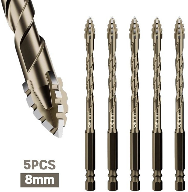 tinduo 만능 4날 톱니형 드릴 비트 6.8.10.12mm 5개입 타일 세라믹 보이드 콘크리트 벽돌담 목재 유리 플라스틱 전동드릴 함마드릴 임팩 드릴 새트, 8mm 5개입