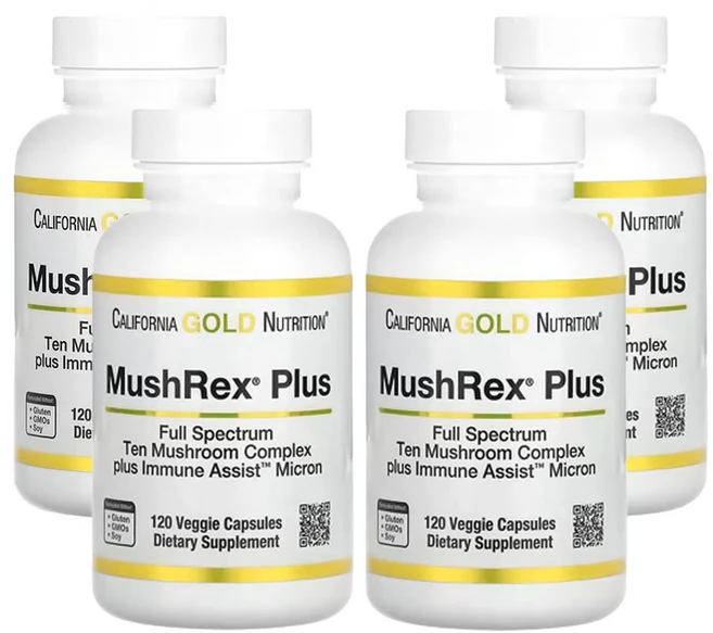 캘리포니아골드 뉴트리션 Fungiology MushRex 플러스 풀 스펙트럼 버섯 복합체 유기농 인증 Immune Assist 마이크론 베지 캡슐 120정, 4개 - 쿠팡