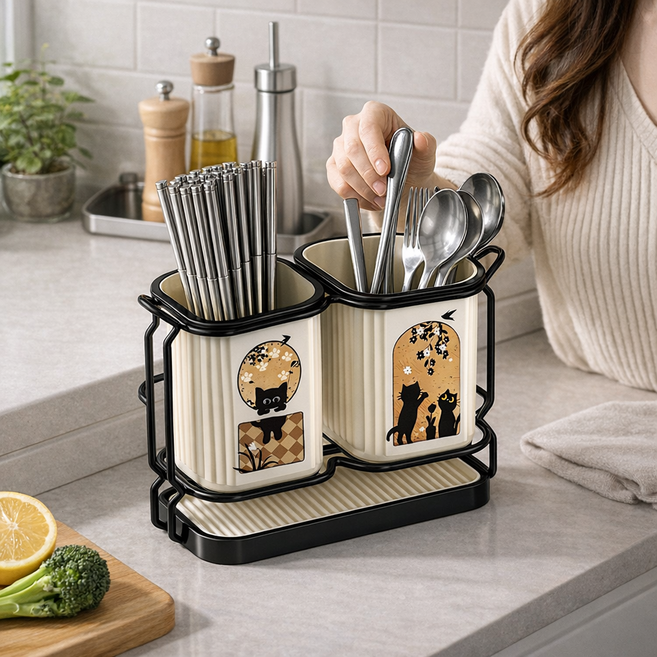 딜하우스 분리형 물빠짐 다용도 수저통, 1세트, 화이트