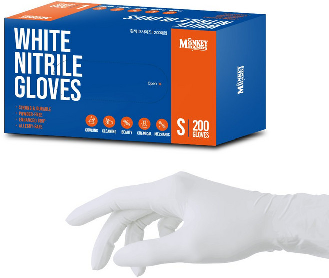 몽키핸즈 식품용 니트릴장갑 200매, 1개, S, 니트릴장갑 200매 화이트