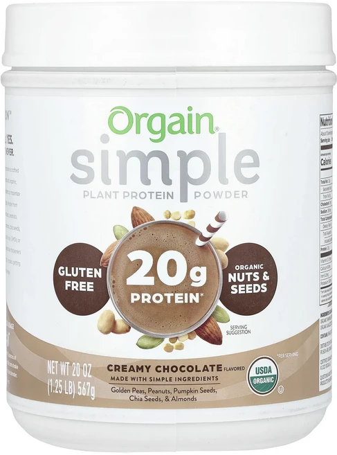 새해 건강을 선물하세요 Orgain 심플 식물성 단백질 파우더 크리미 초콜릿 567g(1.25lb) 특별관리진행, 1개, 567g - 쿠팡