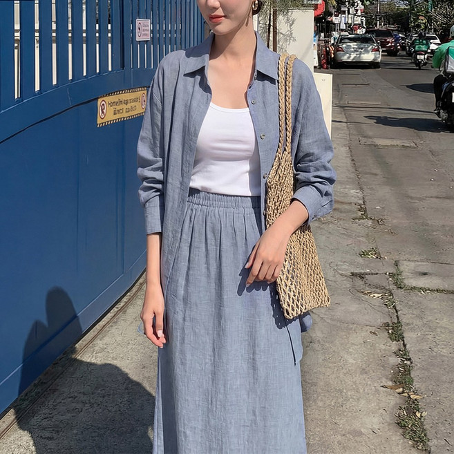 SOSISI 여성 여름 긴팔 셔츠 남방 + H 라인 밴딩 롱 스커트 세트 241152S