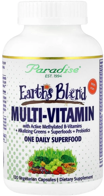 파라다이스허브 Earths Blend 원 데일리 슈퍼 푸드 종합비타민 철분 함유 베지 캡슐 120정, 1개 - 쿠팡