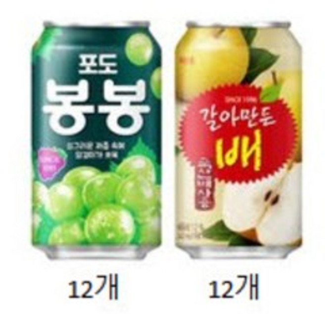 해태 갈아만든배 포도봉봉 340ml 2종 세트, 24개