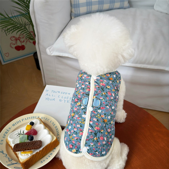 반려동물 꽃무늬 보온 솜 누빔조끼, 블루, 1개