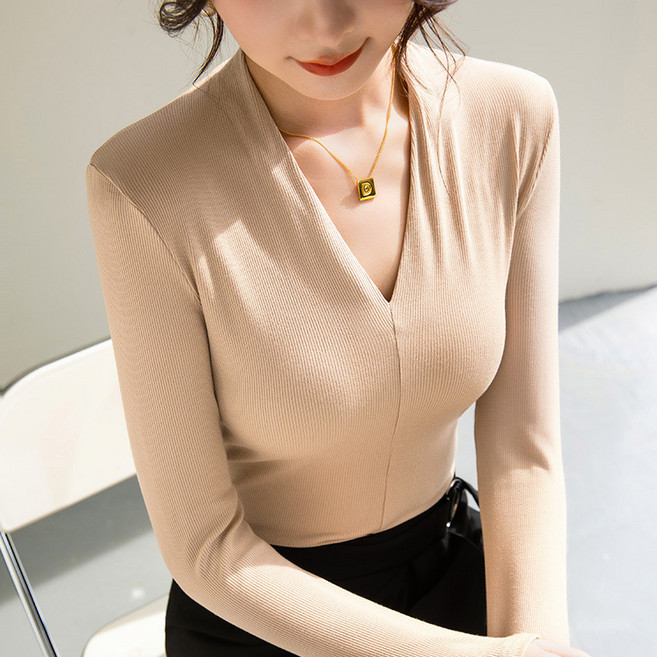 螺紋打底衫女款 性感深V領上衣 彈力緊身內搭長袖衫, 燕麦色,M, 燕麦色