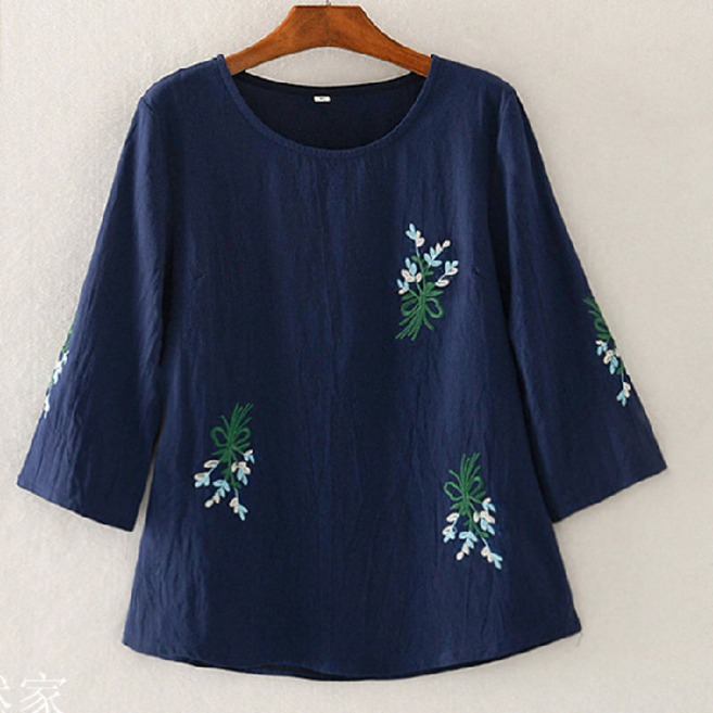 寬鬆刺繡七分袖T恤女, 藏青色, 4XL
