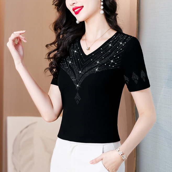 빛나는 판다댄스복 상의여성용 핫픽스 반팔 브이넥 슬림 티셔츠 +Women's T-shirt