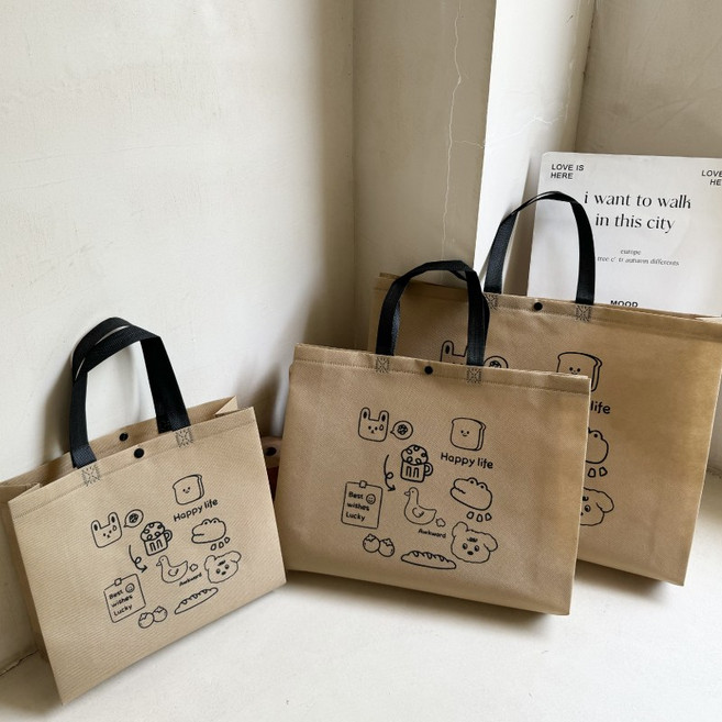 부직포 쇼핑백 선물 복장 손잡이 포장봉투 방수 빵곰, 10개, 갈색 빵곰