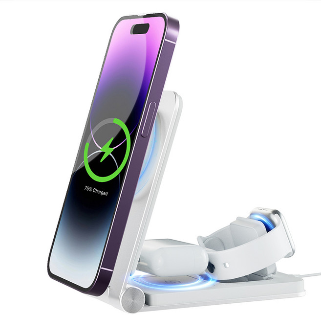 라이프루트 휴대용 3in1 고속무선충전기 알루미늄 발열없음 충전스탠드 애플워치 아이폰 에어팟 플립타입, 1개, 화이트실버