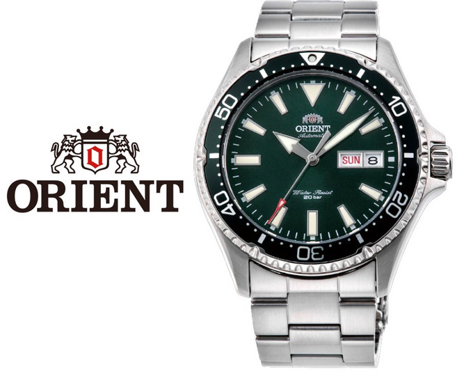3위 - 오리엔트 ORIENT 국내재고 카마수 마코 3 그린 남자 오토매틱 메탈 손목시계 RA-AA0004E39B R